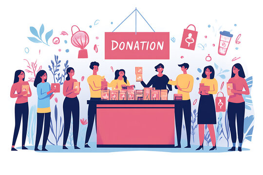Flat art style illustration showing a fundraising event with people donating, holding charity symbols, and supporting a philanthropic cause.
