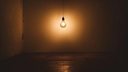 Dark empty room with single flickering light bulb casting long shadows, emphasizing absence of power and eerie atmosphere, minimalist setting with focus on light bulb's glow.