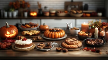 Naklejka premium A family Halloween bake-off with spooky pumpkin-shaped cookies and cakes on display