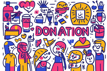 Fototapeta premium Flat art style illustration showing a fundraising event with people donating, holding charity symbols, and supporting a philanthropic cause. 