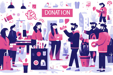 Flat art style illustration showing a fundraising event with people donating, holding charity symbols, and supporting a philanthropic cause.
