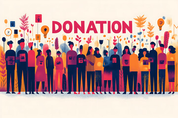 Flat art style illustration showing a fundraising event with people donating, holding charity symbols, and supporting a philanthropic cause.
