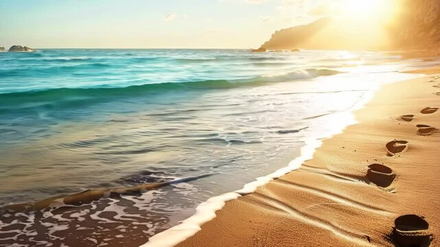 Sun-drenched beach with footprints leading to the water, Video