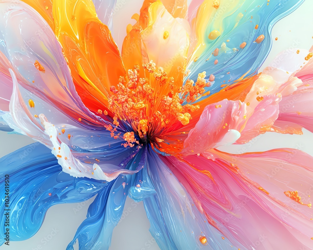 Poster colorful abstract 3d rendering with a rainbow ink splatter background