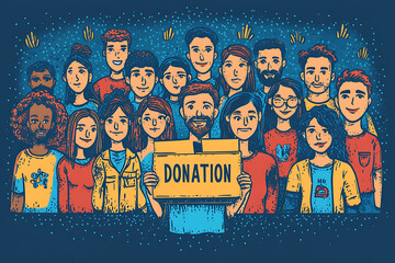 Flat art style illustration showing a fundraising event with people donating, holding charity symbols, and supporting a philanthropic cause.

