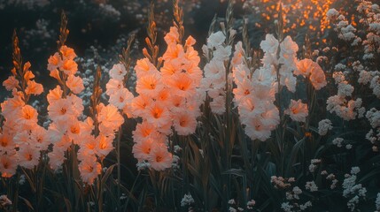 A field of delicate white and peach gladiolus flowers bathed in warm evening light.