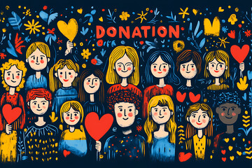 Flat art style illustration showing a fundraising event with people donating, holding charity symbols, and supporting a philanthropic cause.
