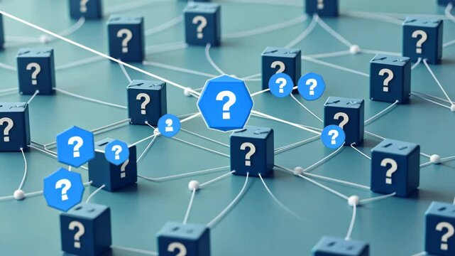 A network of blue cubes, each with a question mark, connected by thin white lines