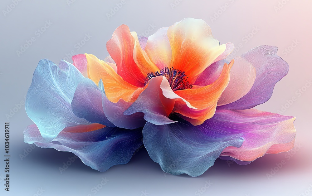 Poster eyecatching abstract 3d rendering with a rainbow ink splatter background, fantasy flower watercolor 