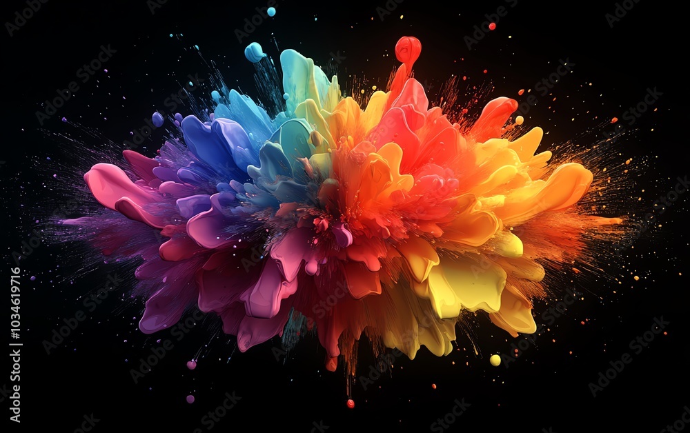 Poster eyecatching abstract 3d rendering with a rainbow ink splatter background, fantasy flower watercolor 
