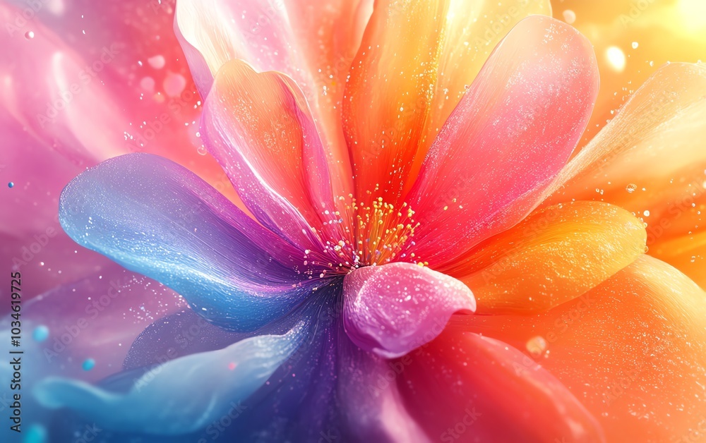 Poster eyecatching abstract 3d rendering with a rainbow ink splatter background, fantasy flower watercolor 