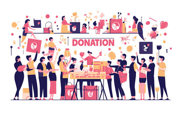Flat art style illustration showing a fundraising event with people donating, holding charity symbols, and supporting a philanthropic cause.
