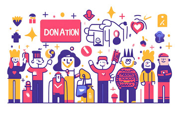 Obraz premium Flat art style illustration showing a fundraising event with people donating, holding charity symbols, and supporting a philanthropic cause. 