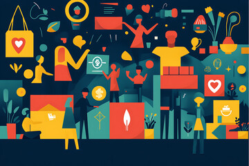 Obraz premium Flat art style illustration showing a fundraising event with people donating, holding charity symbols, and supporting a philanthropic cause. 