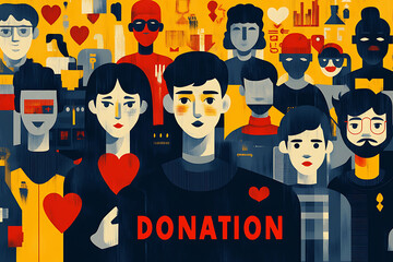 Flat art style illustration showing a fundraising event with people donating, holding charity symbols, and supporting a philanthropic cause.
