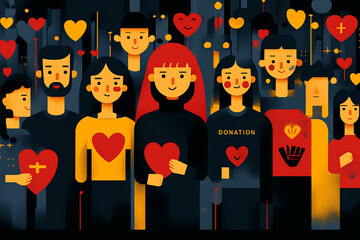 Flat art style illustration showing a fundraising event with people donating, holding charity symbols, and supporting a philanthropic cause.
