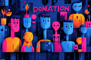 Flat art style illustration showing a fundraising event with people donating, holding charity symbols, and supporting a philanthropic cause.
