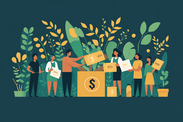 Flat art style illustration showing a fundraising event with people donating, holding charity symbols, and supporting a philanthropic cause.
