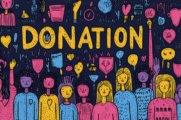 Flat art style illustration showing a fundraising event with people donating, holding charity symbols, and supporting a philanthropic cause.
