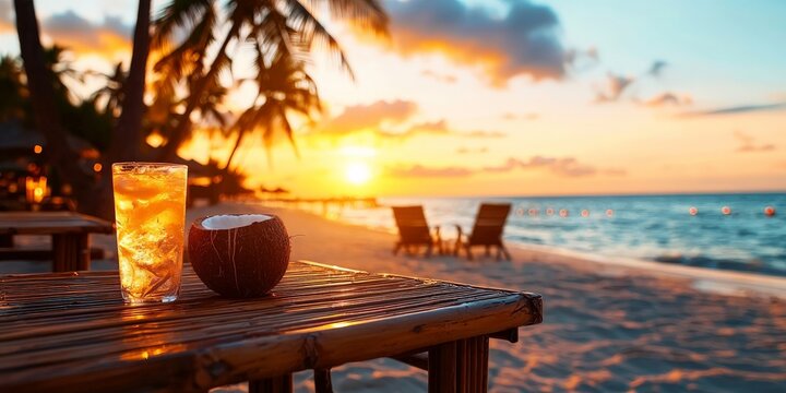 A beachfront tiki bar at sunset, with bamboo furniture, tropical drinks served in coconut shells, and soft, warm tones from the setting sun illuminating the scene