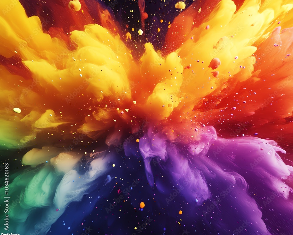 Poster abstract 3d rendering displaying rainbow color ink splatter background, watercolor fantasy flower te