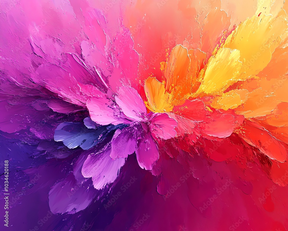 Poster abstract 3d rendering displaying rainbow color ink splatter background, watercolor fantasy flower te