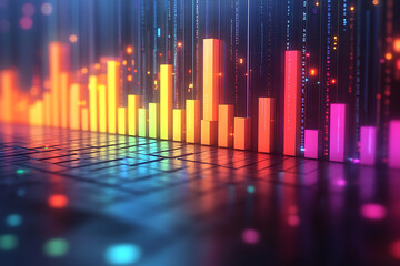 A dynamic 3D data visualization displaying colorful chart bars, illustrating business analytics, statistics, and trends in a modern, abstract style.
