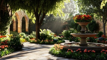 124. A serene outdoor garden with flowers and an unoccupied area for a product