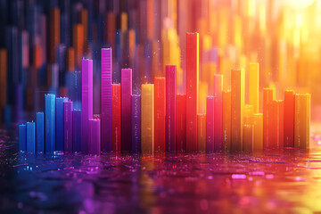 A dynamic 3D data visualization displaying colorful chart bars, illustrating business analytics, statistics, and trends in a modern, abstract style.
