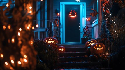 A pumpkin lantern with a scary face sits on a wooden deck. The lantern is lit up and surrounded by pumpkins