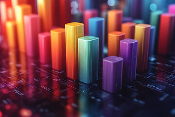 Obraz premium A dynamic 3D data visualization displaying colorful chart bars, illustrating business analytics, statistics, and trends in a modern, abstract style. 