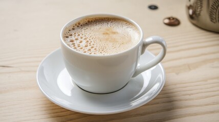 Obraz premium A close-up of a steaming cup of coffee on a wooden table.