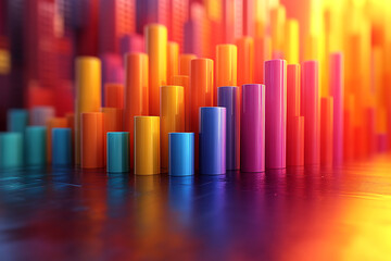 Obraz premium A dynamic 3D data visualization displaying colorful chart bars, illustrating business analytics, statistics, and trends in a modern, abstract style. 