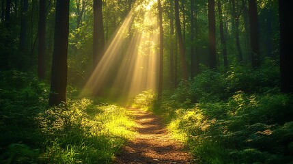 Naklejka premium Sunbeams illuminate a pathway through a lush green forest.