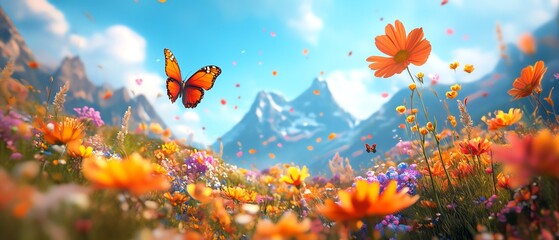 Abstract fantasy landscape featuring vibrant flowers and butterflies against a blue sky background
