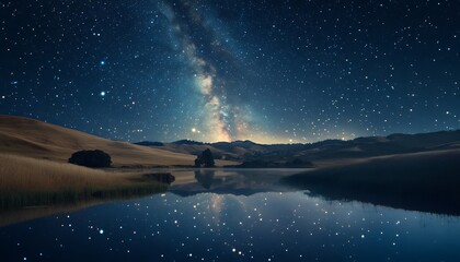 Naklejka premium Starry Night Sky Reflected in Still Lake Water