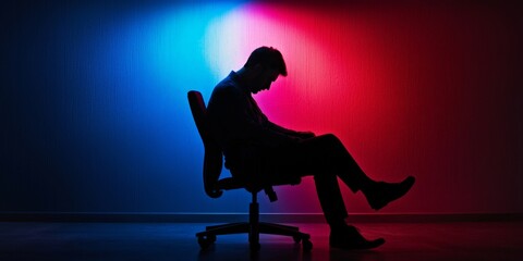 A businessman on the verge of breakdown, slumped in his chair, under flickering fluorescent lights, colors reflecting the muted tones of a crime drama