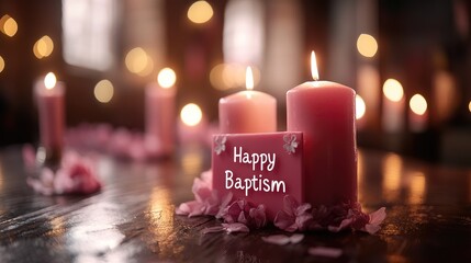 Celebratory banner: Happy Baptism greeting, heartfelt wishes, blessings on special occasion, sacred milestone with joy, reverence for newly baptized, highlighting a cherished momen