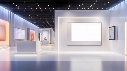 109. A modern exhibition hall with displays and a blank area for a product