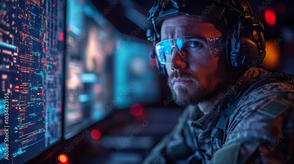 Fototapete a focused military operative studies complex data on multiple screens, surrounded by glowing technol