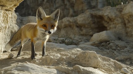 A red fox with white tipped tail standing on a rocky surface looking at the camera.