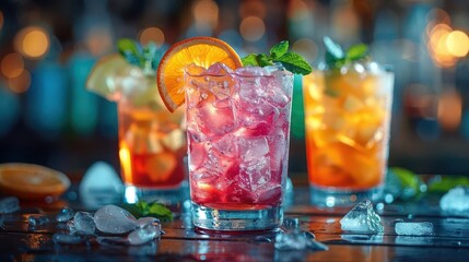 Craft cocktail garnishes, vibrant colors, close-up, cozy setting, inviting