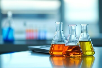 Three Erlenmeyer flasks filled with colored liquids sit on a lab table in front of a blurred background.