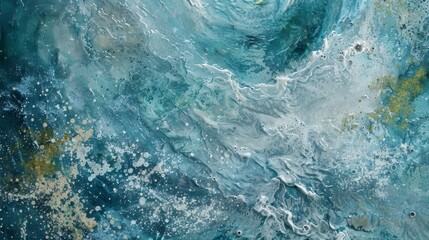 Soft muted shades of blue and grey swirl together in this grainy beach scene evoking a sense of calm and tranquility. Small hints of green and yellow peek through the clouds givin