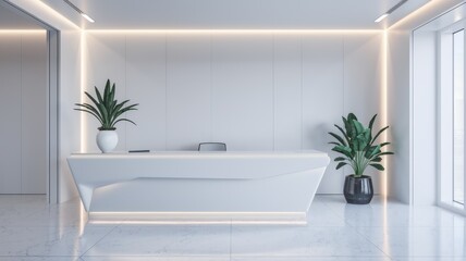 Naklejka premium Modern reception area with stylish design, plants, and lighting accents.