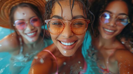 Group selfie friends, vibrant colors, joyful scenes, dynamic action, inviting