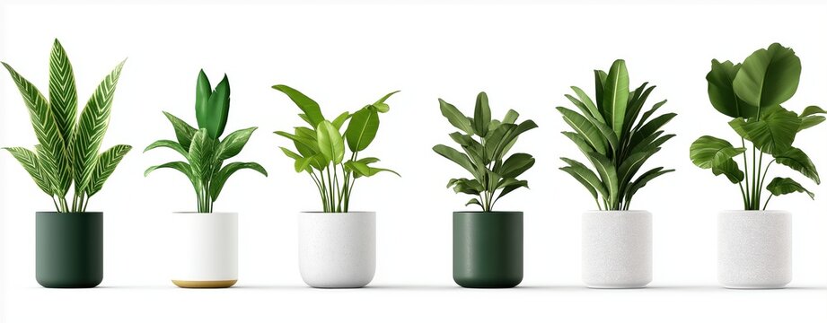 A collection of various green houseplants and tropical foliage arranged in stylish minimalist pots for a modern and calming indoor decor