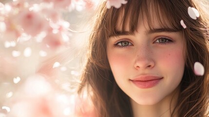 A young woman with long brown hair and blue eyes smiles softly as pink blossoms fall around her.