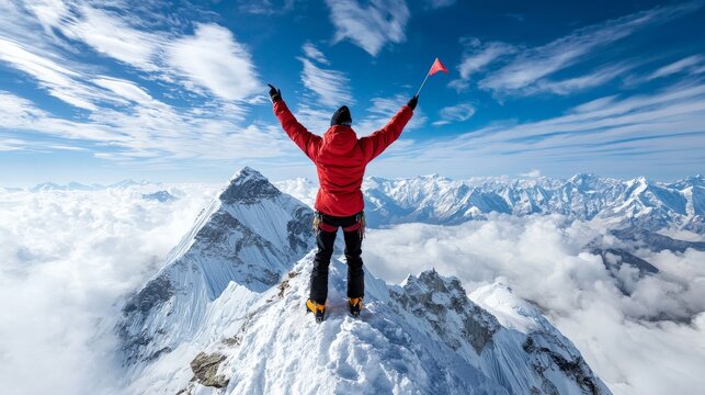 A climber standing triumphantly on the summit of Mount Everest, holding a flag high, the world's highest peak surrounded by endless sky and swirling clouds
