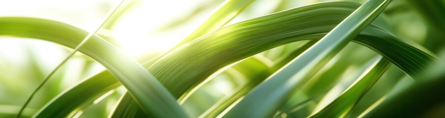 Close-up of green grass blades in sunlight.